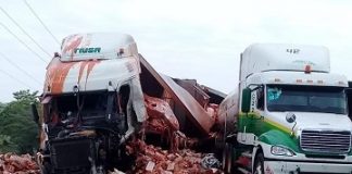 Choca tráiler cargado de puré de tomate en autopista La Tinaja-Cosoleacaque